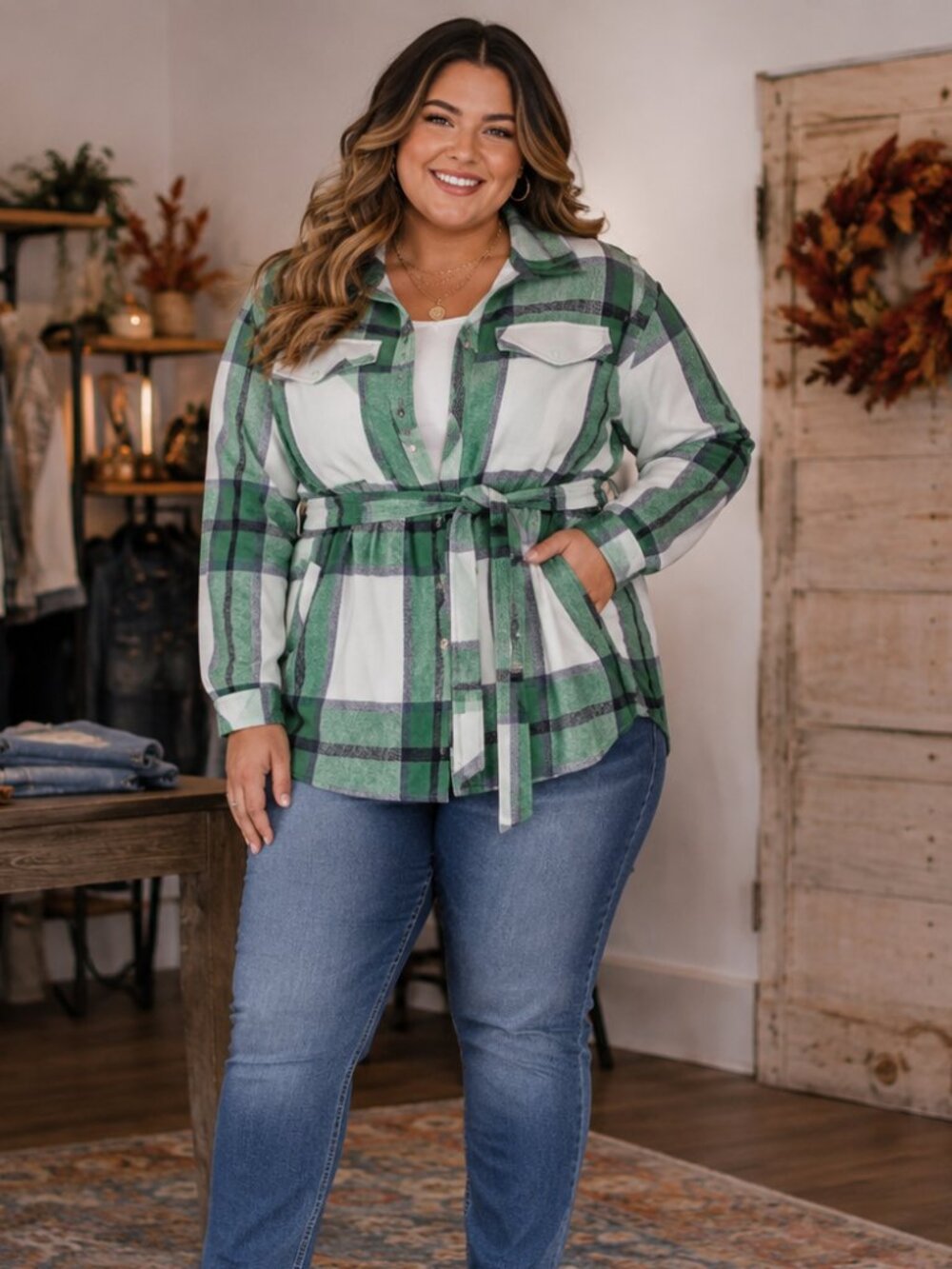 Green Plaid Belted Shacket Jacket XL Boutique